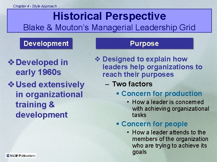 Chapter 4 - Style Approach Historical Perspective Blake & Mouton’s Managerial Leadership Grid Development