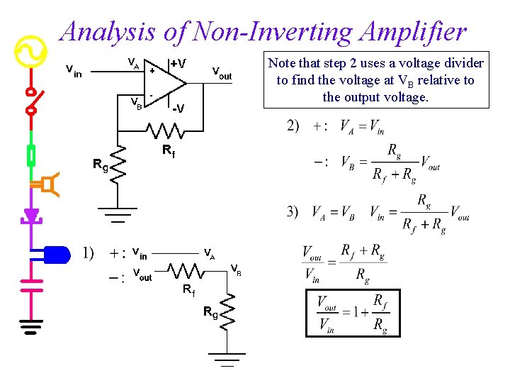 Analysis of Non-Inverting Amplifier Note that step 2 uses a voltage divider to find