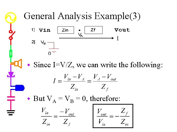 General Analysis Example(3) I w Since I=V/Z, we can write the following: w But