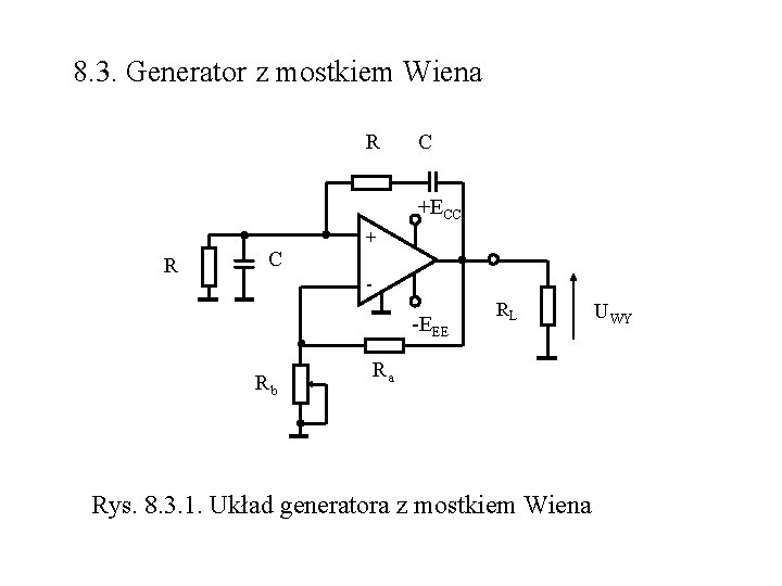 8. 3. Generator z mostkiem Wiena R C +ECC R C + - -EEE