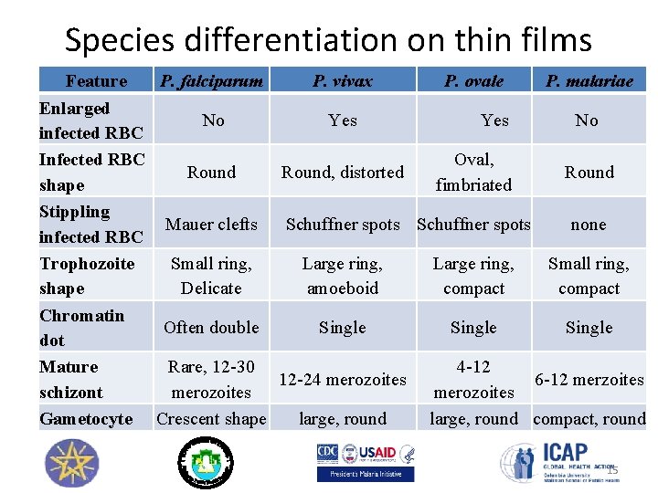 Species differentiation on thin films Feature P. falciparum P. vivax P. ovale P. malariae