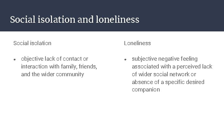 Social isolation and loneliness Social isolation ● objective lack of contact or interaction with