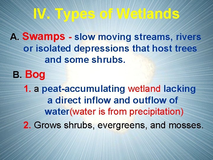 IV. Types of Wetlands A. Swamps - slow moving streams, rivers or isolated depressions