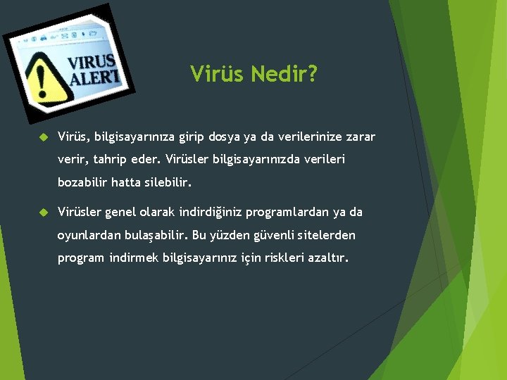 Virüs Nedir? Virüs, bilgisayarınıza girip dosya ya da verilerinize zarar verir, tahrip eder. Virüsler Virüs Nedir? Virüs, bilgisayarınıza girip dosya ya da verilerinize zarar verir, tahrip eder. Virüsler