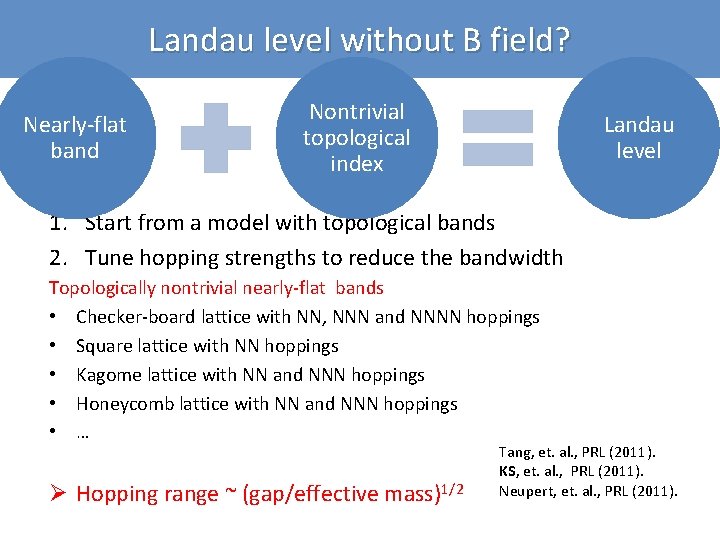 Landau level without B field? Nearly-flat band Nontrivial topological index Landau level 1. Start
