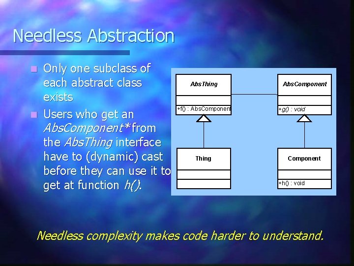 Needless Abstraction Only one subclass of each abstract class exists n Users who get