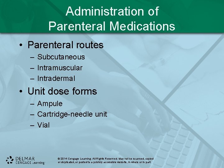 Administration of Parenteral Medications • Parenteral routes – Subcutaneous – Intramuscular – Intradermal • Administration of Parenteral Medications • Parenteral routes – Subcutaneous – Intramuscular – Intradermal •