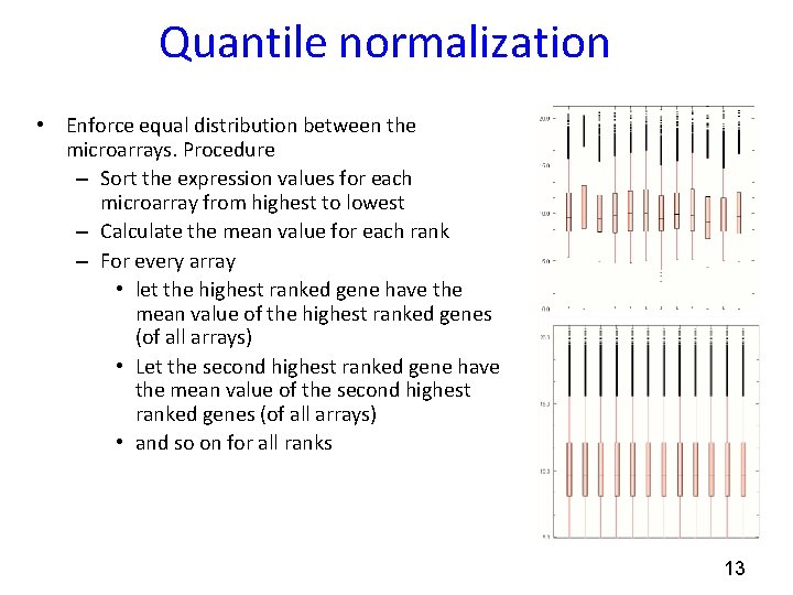 Quantile normalization • Enforce equal distribution between the microarrays. Procedure – Sort the expression