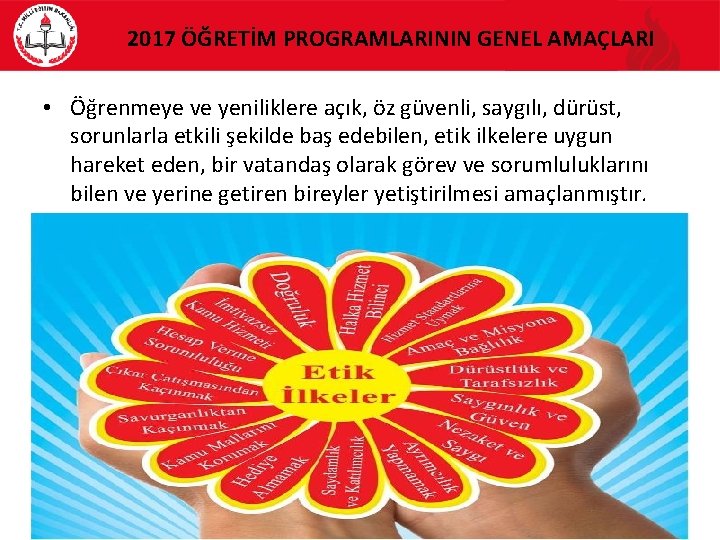 2017 ÖĞRETİM PROGRAMLARININ GENEL AMAÇLARI • Öğrenmeye ve yeniliklere açık, öz güvenli, saygılı, dürüst,