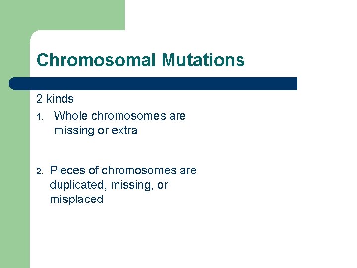 Chromosomal Mutations 2 kinds 1. Whole chromosomes are missing or extra 2. Pieces of