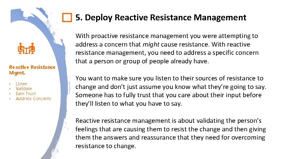 5. Deploy Reactive Resistance Management Reactive Resistance Mgmt. • • Listen Validate Earn Trust