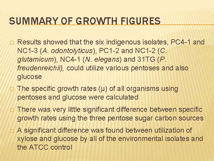 SUMMARY OF GROWTH FIGURES � Results showed that the six indigenous isolates, PC 4