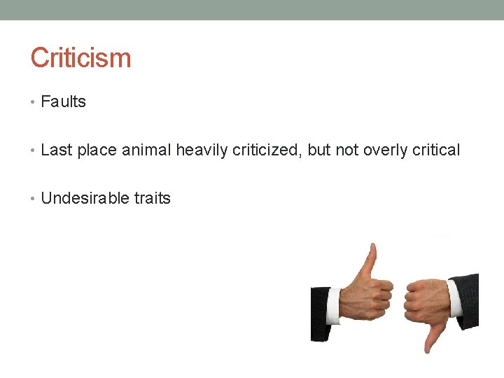 Criticism • Faults • Last place animal heavily criticized, but not overly critical •