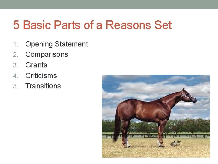 5 Basic Parts of a Reasons Set 1. 2. 3. 4. 5. Opening Statement