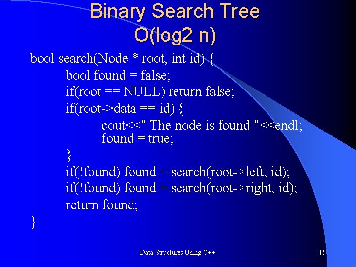Binary Search Tree O(log 2 n) bool search(Node * root, int id) { bool