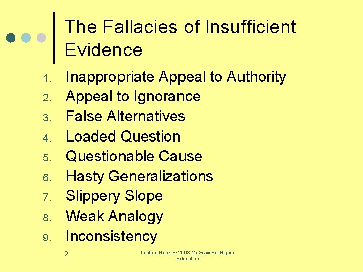 The Fallacies of Insufficient Evidence 1. 2. 3. 4. 5. 6. 7. 8. 9.