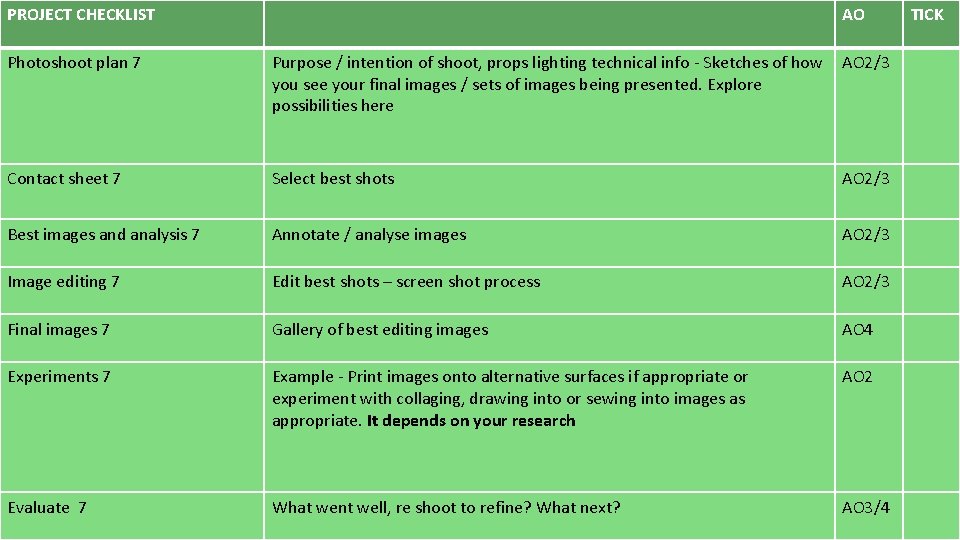 PROJECT CHECKLIST AO Photoshoot plan 7 Purpose / intention of shoot, props lighting technical