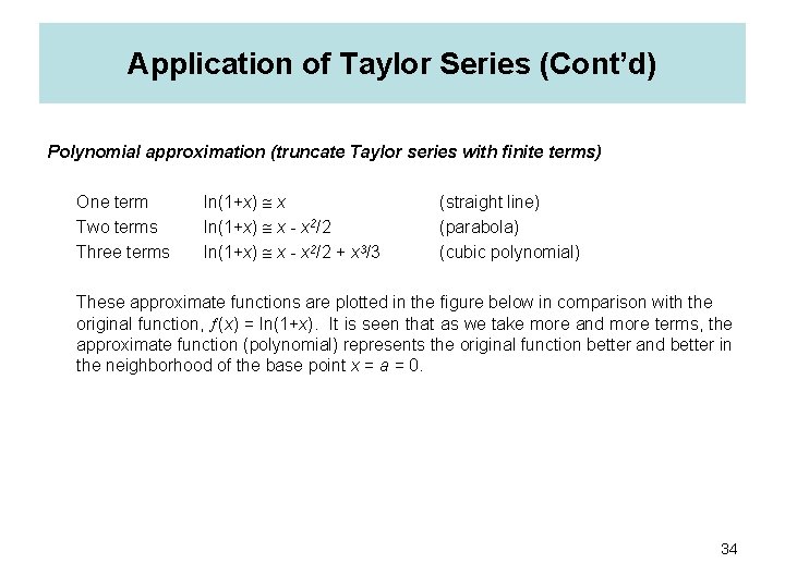 Application of Taylor Series (Cont’d) Polynomial approximation (truncate Taylor series with finite terms) One