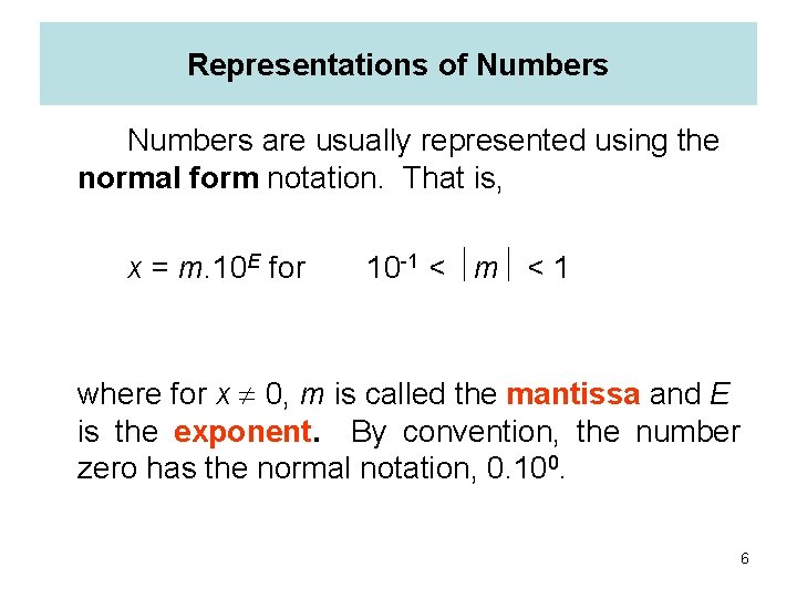 Representations of Numbers are usually represented using the normal form notation. That is, x