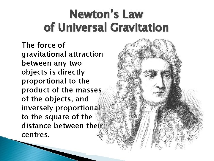 Newton’s Law of Universal Gravitation The force of gravitational attraction between any two objects Newton’s Law of Universal Gravitation The force of gravitational attraction between any two objects