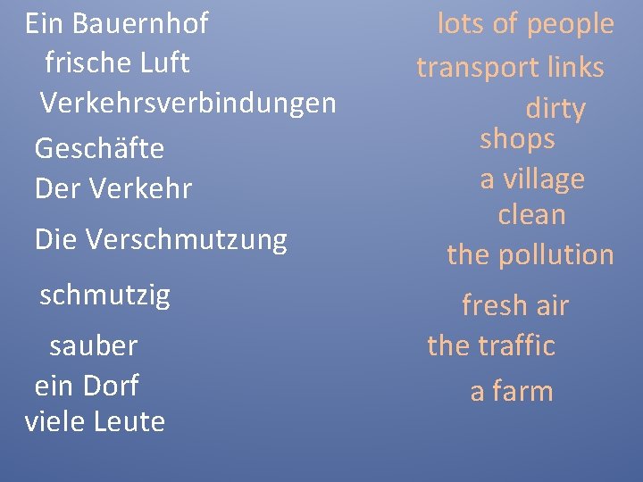 Ein Bauernhof frische Luft Verkehrsverbindungen Geschäfte Der Verkehr Die Verschmutzung schmutzig sauber ein Dorf