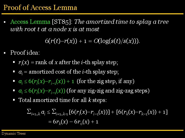 Proof of Access Lemma • Access Lemma [ST 85]: The amortized time to splay