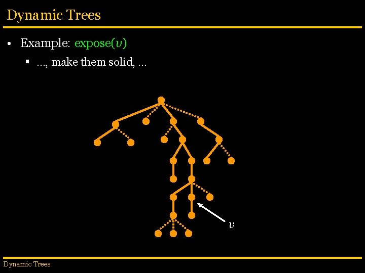 Dynamic Trees • Example: expose(v) § …, make them solid, … v Dynamic Trees
