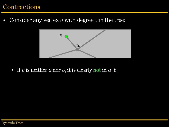 Contractions • Consider any vertex v with degree 1 in the tree: v w