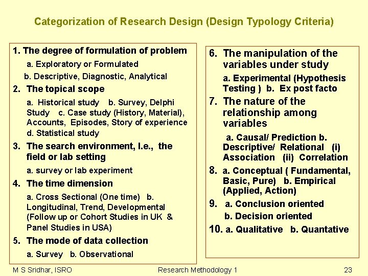 Categorization of Research Design (Design Typology Criteria) 1. The degree of formulation of problem Categorization of Research Design (Design Typology Criteria) 1. The degree of formulation of problem