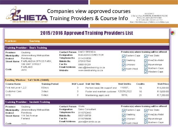 Companies view approved courses Training Providers & Course Info 