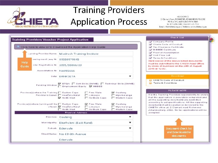 Training Providers Application Process Help Guide Document Check list and Downloadable documents 