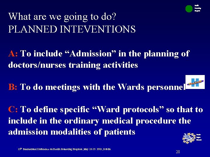 Health Promoting Hospitals What are we going to do? PLANNED INTEVENTIONS A: To include