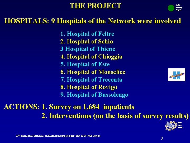 THE PROJECT Health Promoting Hospitals HOSPITALS: 9 Hospitals of the Network were involved 1.