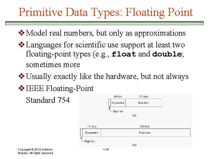 Primitive Data Types: Floating Point v Model real numbers, but only as approximations v