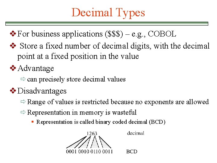 Decimal Types v For business applications ($$$) – e. g. , COBOL v Store