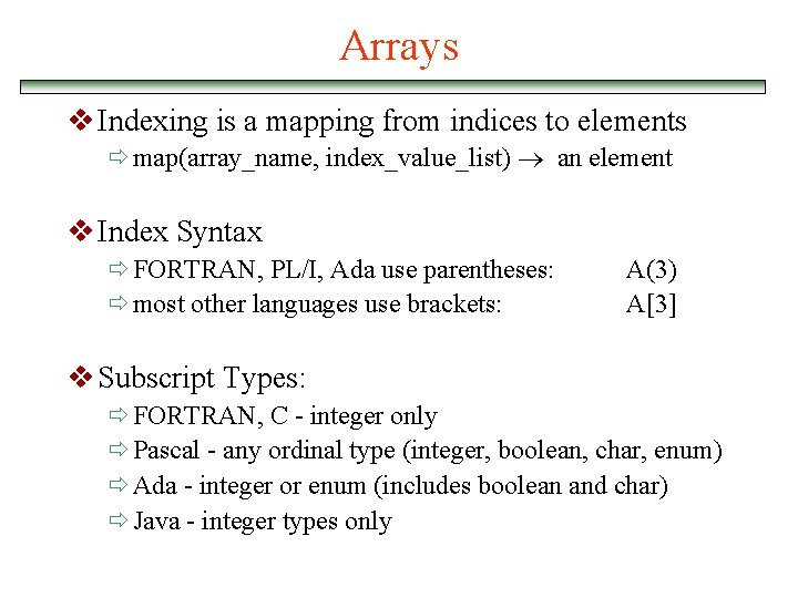 Arrays v Indexing is a mapping from indices to elements ð map(array_name, index_value_list) an