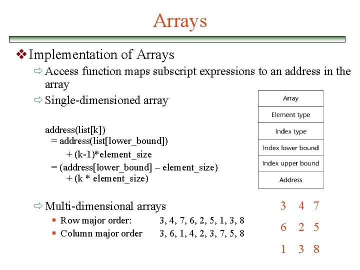 Arrays v Implementation of Arrays ð Access function maps subscript expressions to an address