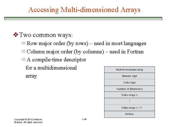 Accessing Multi-dimensioned Arrays v Two common ways: ð Row major order (by rows) –