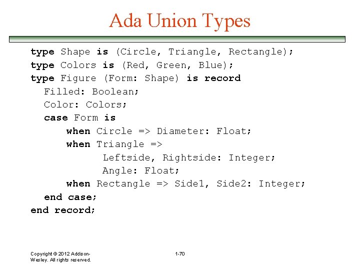 Ada Union Types type Shape is (Circle, Triangle, Rectangle); type Colors is (Red, Green,