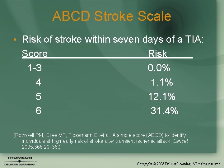 ABCD Stroke Scale • Risk of stroke within seven days of a TIA: Score