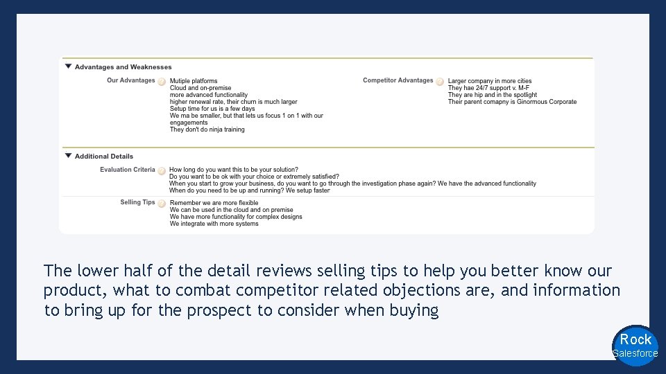 The lower half of the detail reviews selling tips to help you better know