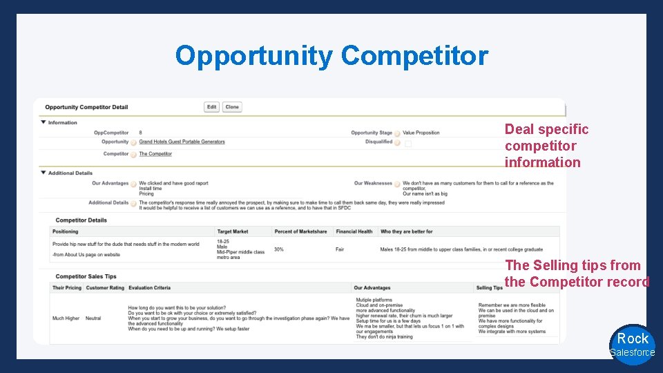 Opportunity Competitor Deal specific competitor information The Selling tips from the Competitor record Rock