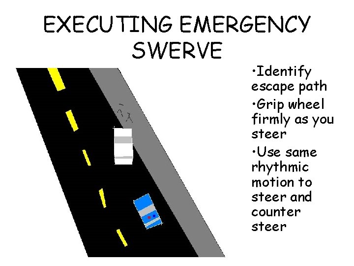 EXECUTING EMERGENCY SWERVE • Identify escape path • Grip wheel firmly as you steer