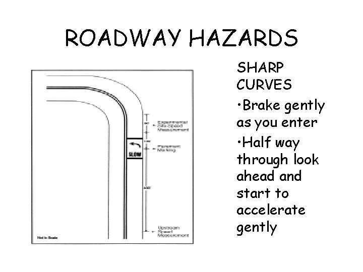 ROADWAY HAZARDS SHARP CURVES • Brake gently as you enter • Half way through