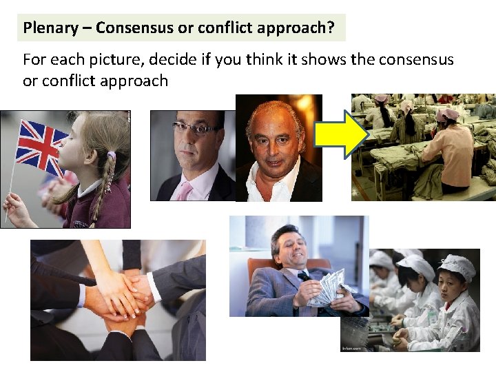 Plenary – Consensus or conflict approach? For each picture, decide if you think it