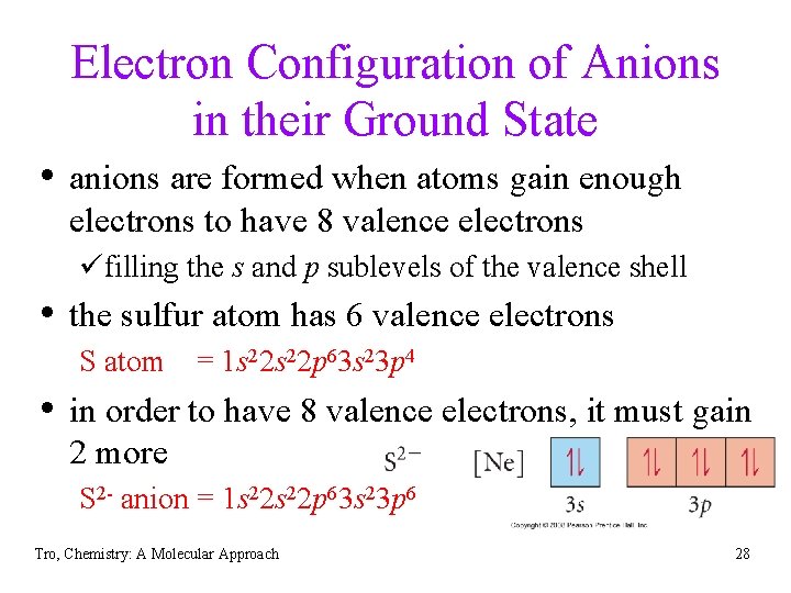 Electron Configuration of Anions in their Ground State • anions are formed when atoms