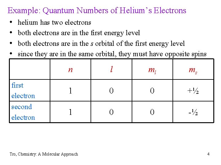 Example: Quantum Numbers of Helium’s Electrons • helium has two electrons • both electrons