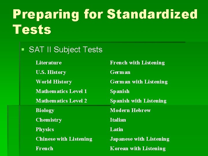 Preparing for Standardized Tests § SAT II Subject Tests Literature French with Listening U.