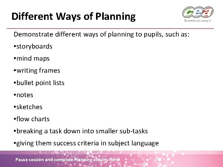 Different Ways of Planning Demonstrate different ways of planning to pupils, such as: •