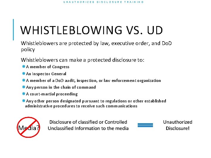 UNAUTHORIZED DISCLOSURE TRAINING WHISTLEBLOWING VS. UD Whistleblowers are protected by law, executive order, and